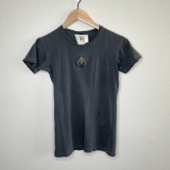 Figue Gray boho Embellished distressed Tee XS Cotton Womens Casual T-Shirt - Picture 2 of 12